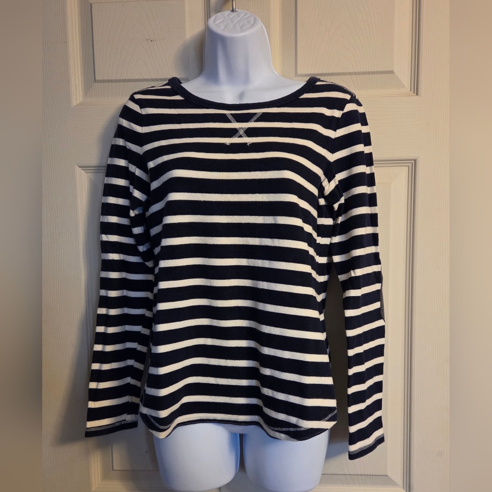 Gap Blue and White IconicStriped Long Sleeve Top With Elbow Patches XS